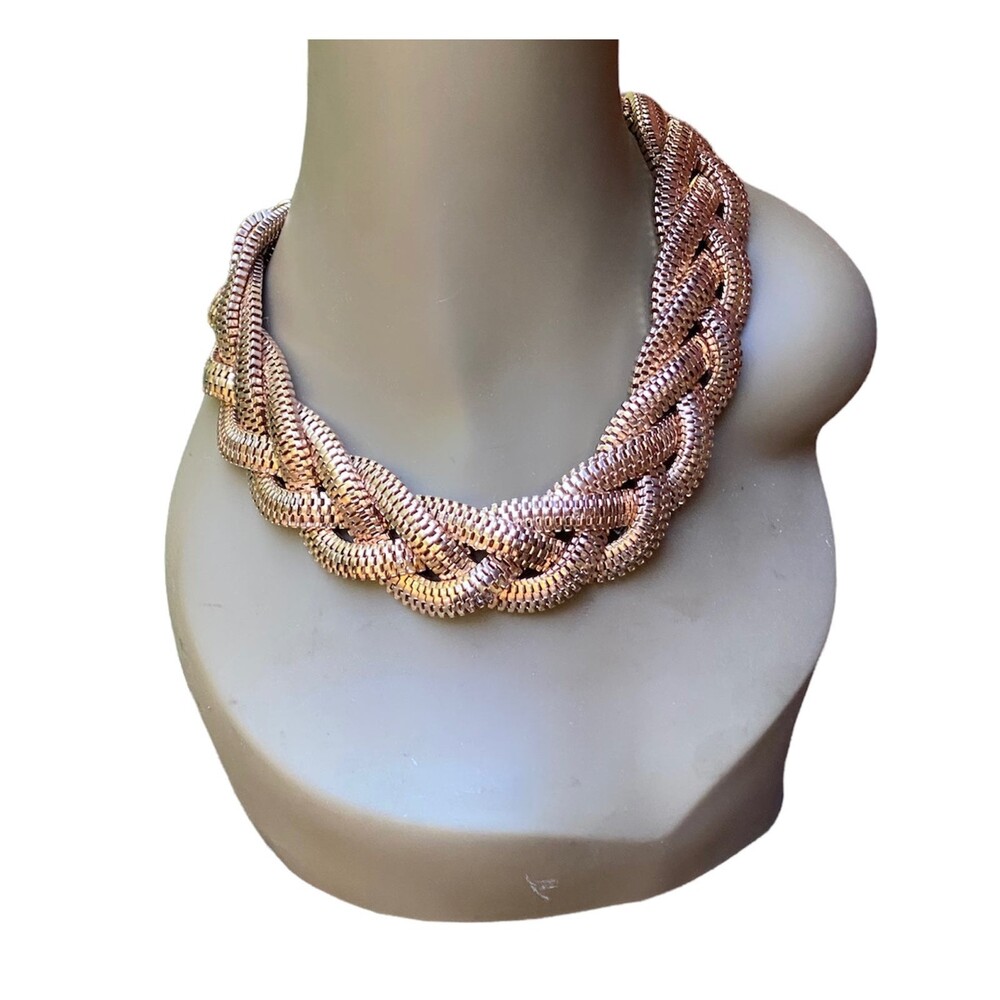 Old gold-tone chunky woven chain Necklace costume statement jewelry